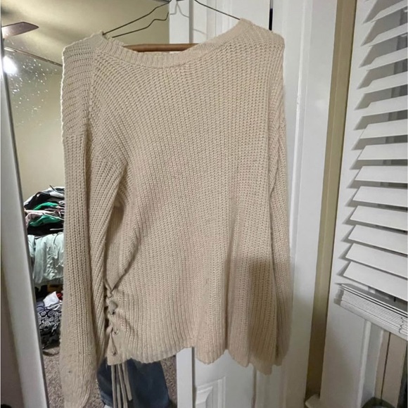 Cream Knit Sweater with Side Lace-Up - Picture 1 of 3